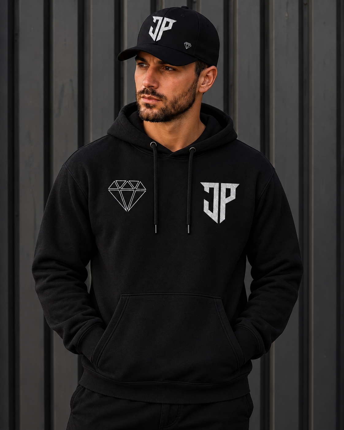 Model wearing James Precious hoodie - front view